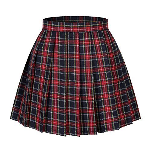 Girl's School Uniform Plaid Pleated Costumes Skirts (M, Wine Red Mixe Green Yell