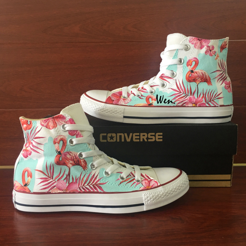 Hand Painted Shoes Fluorescent Pink Flamingo Palm Tree Original Design Converse - Fashion