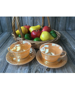 Lot of 2 Oven Fire King Ware Peach Laurel Leaf Luster Cups and Saucer Set - $12.09