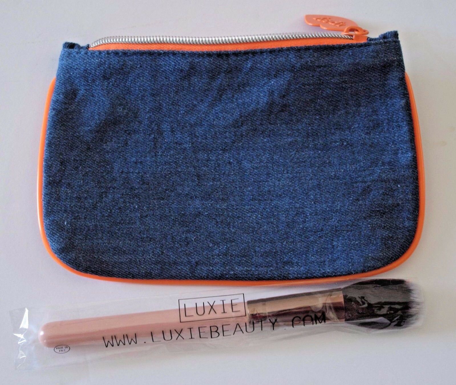 IPSY Makeup Bag Denim & Orange Borders w/ Luxie Blush Brush "Much Love" Feb 2017 - $12.67