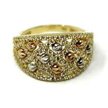 SOLID 18K YELLOW WHITE ROSE GOLD BAND RING WITH CUBIC ZIRCONIA, FACETED BALLS image 3