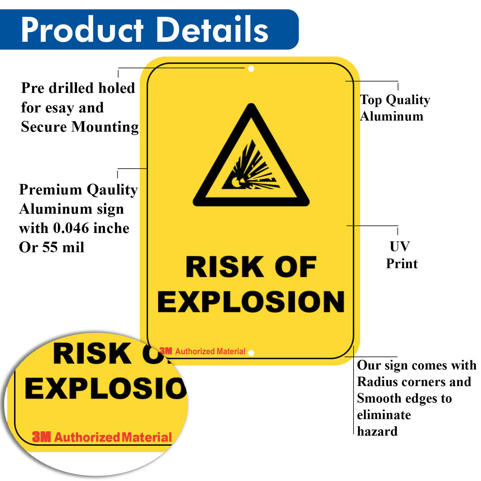 Risk of Explosion Hazardous Safety Warning Sign, Aluminium Danger