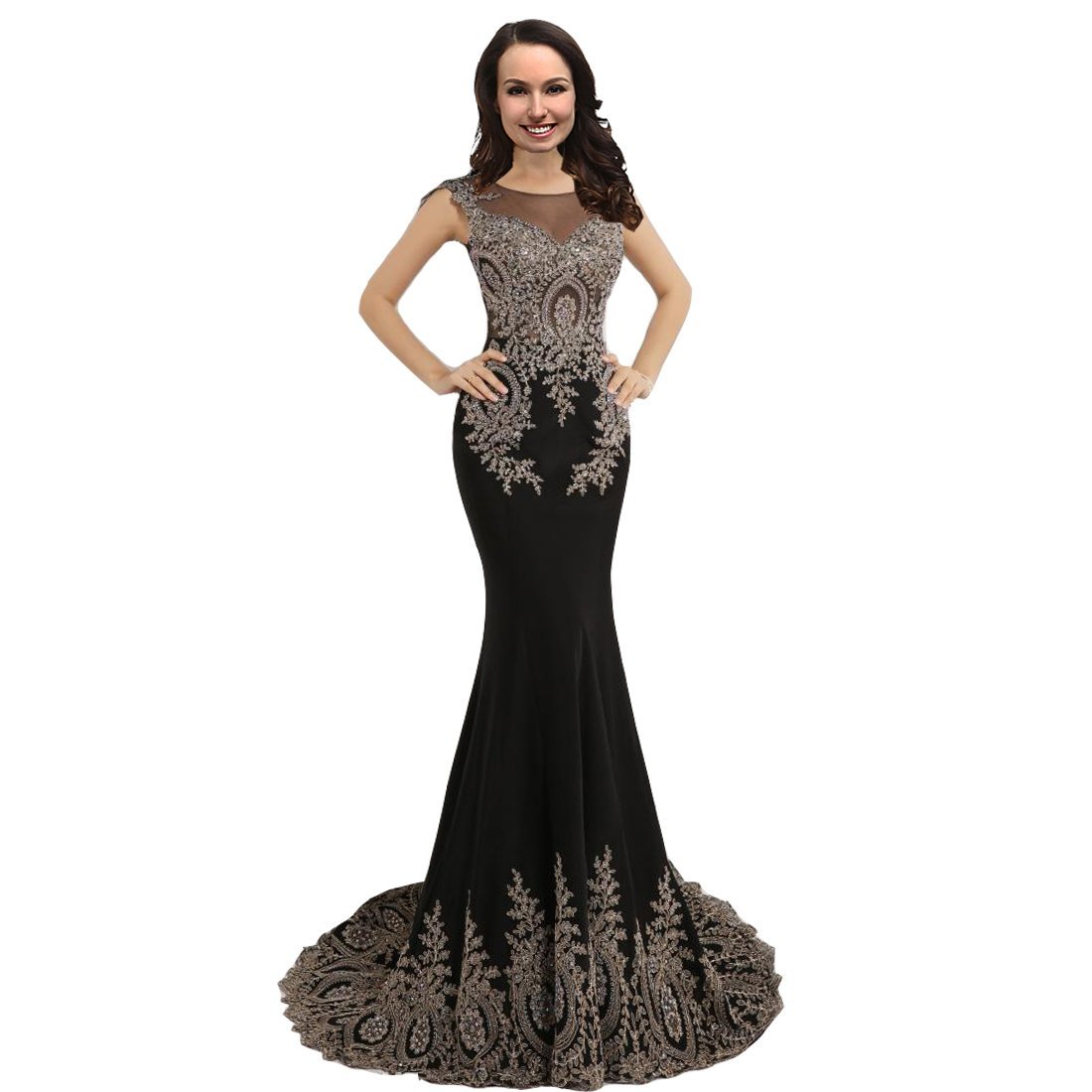 Kivary Mermaid Black Long Formal Crystals Gold Lace Sheer Prom Evening Dresses U