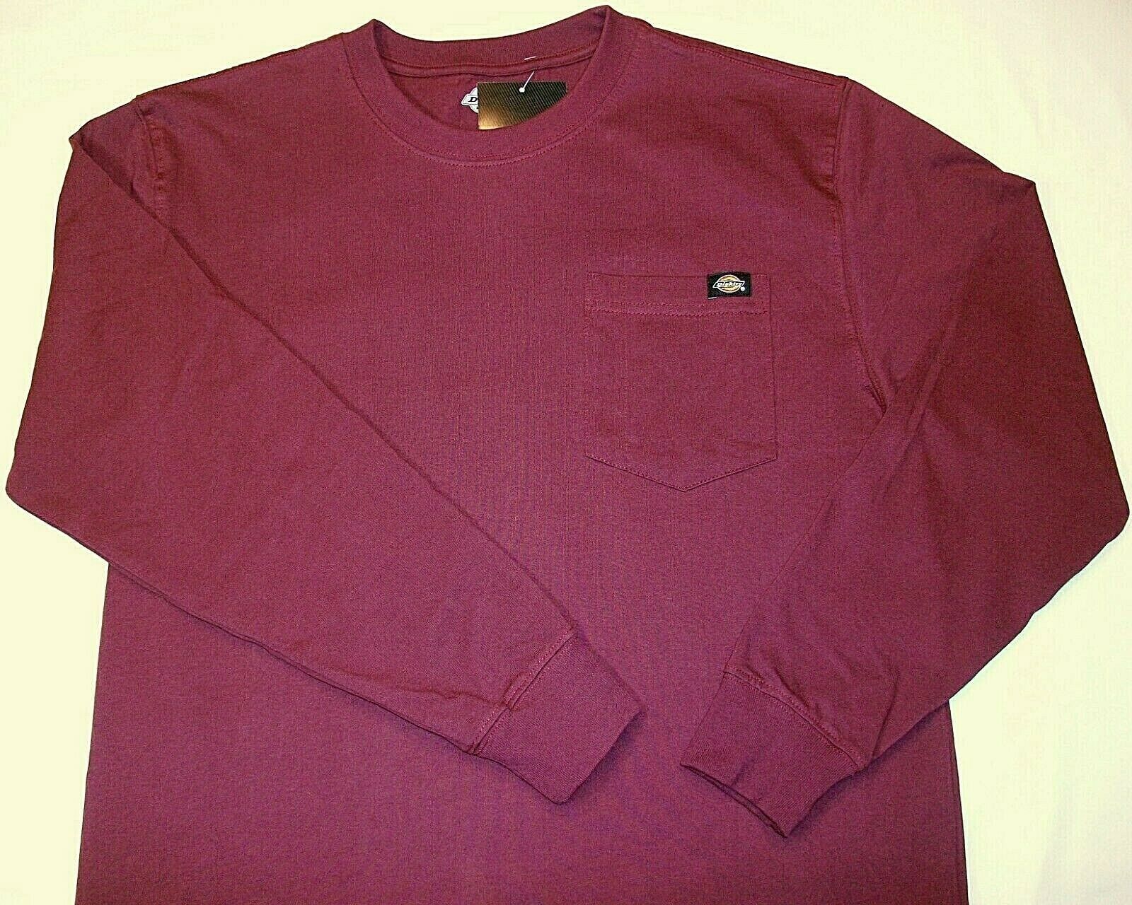 Dickies Men LONG Sleeve Heavyweight Crew Neck Pocket T-Shirt Maroon Burgundy 3XL - T-Shirts