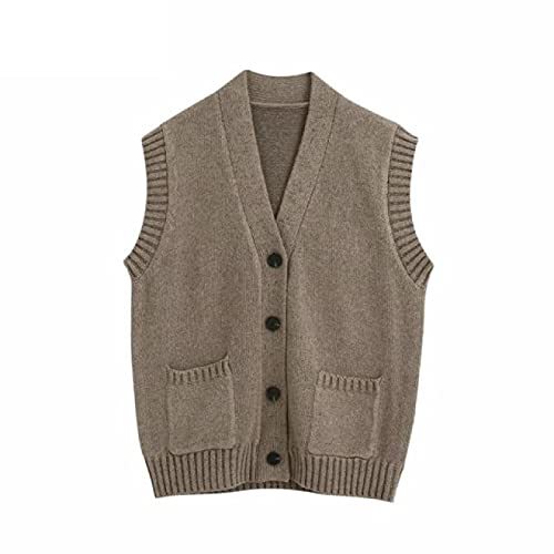 V Neck Breasted Knitting Casual Sweater Female Leisure Pockets Sleeveless Vest S