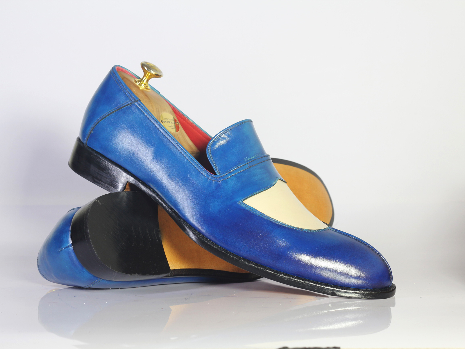 Handmade Men's White Blue Split Toe Leather Loafer Shoes,Men Designer Dress Shoe