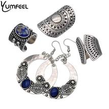 Vintage Jewelry Metal with Blue Synthetic Stone Ring Earring Jewelry Sets - £13.42 GBP
