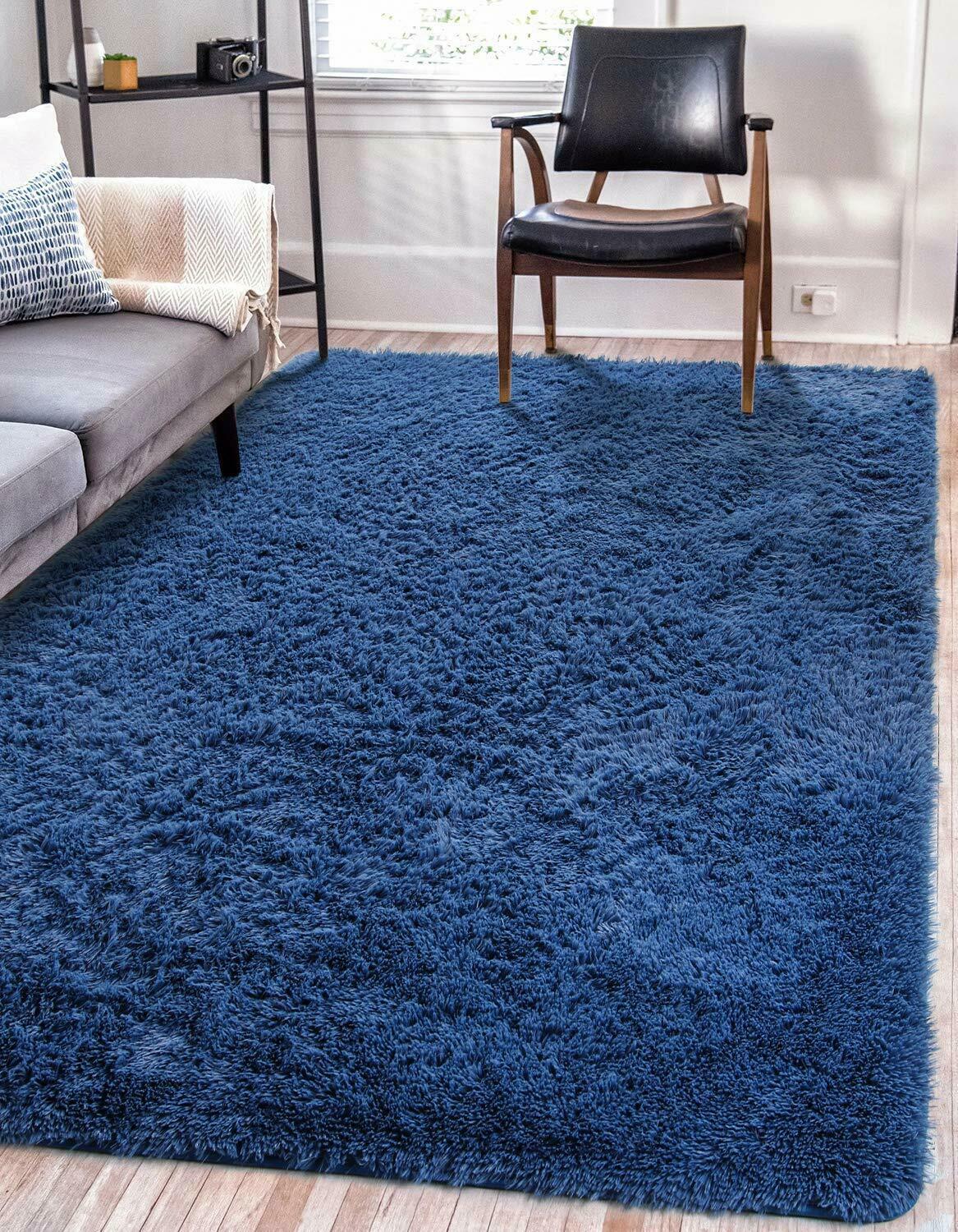 Navy Blue Faux Fur Rug Area Shaggy 5.3 x 7.5 Home Decor Push Carpet
