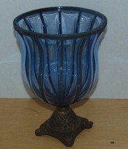 Candle Holder Cobalt Blue Glass Brass Stand 10&quot; High-7&quot; Wide At Top- - $14.01