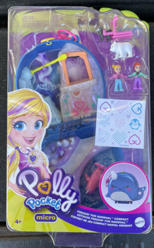 Primary image for Polly Pocket Micro Freezin' Fun Narwhal Compact, 2 Micro Dolls, Accessories NEW