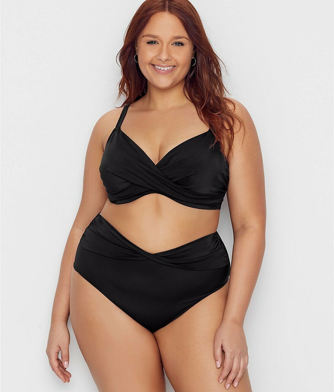 Elomi BLACK Wrap Underwire Plunge Bikini Swim Top, US 42G, UK 42F Swimwear