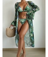 Tropical Print Halter Triangle Bikini Swimsuit With Kimono - $29.99