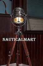 Designer Classic Chrome Nautical Tripod Floor Lamp, Abrasive Teak Tripod Floor L