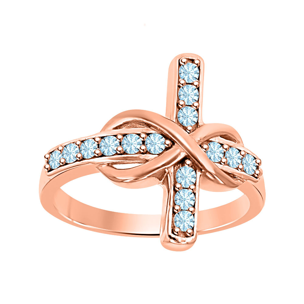 0.50 ct Round Cut Aquamarine 18K Rose Gold Over 925 Silver Infinity Cross Ring