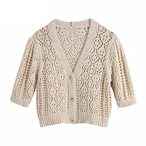 Jacquard Mesh Cloth Crochet Knitting Short Sweater Female V Neck Puff Sleeve Cas
