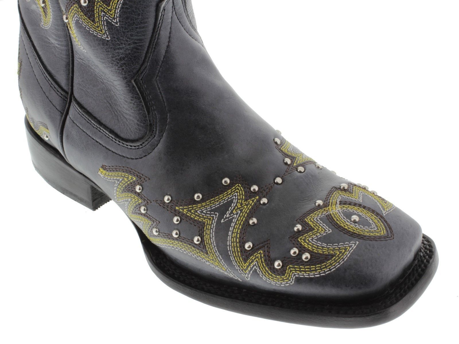 Womens Black Studded and Stitched Leather Western Cowboy Boots Square