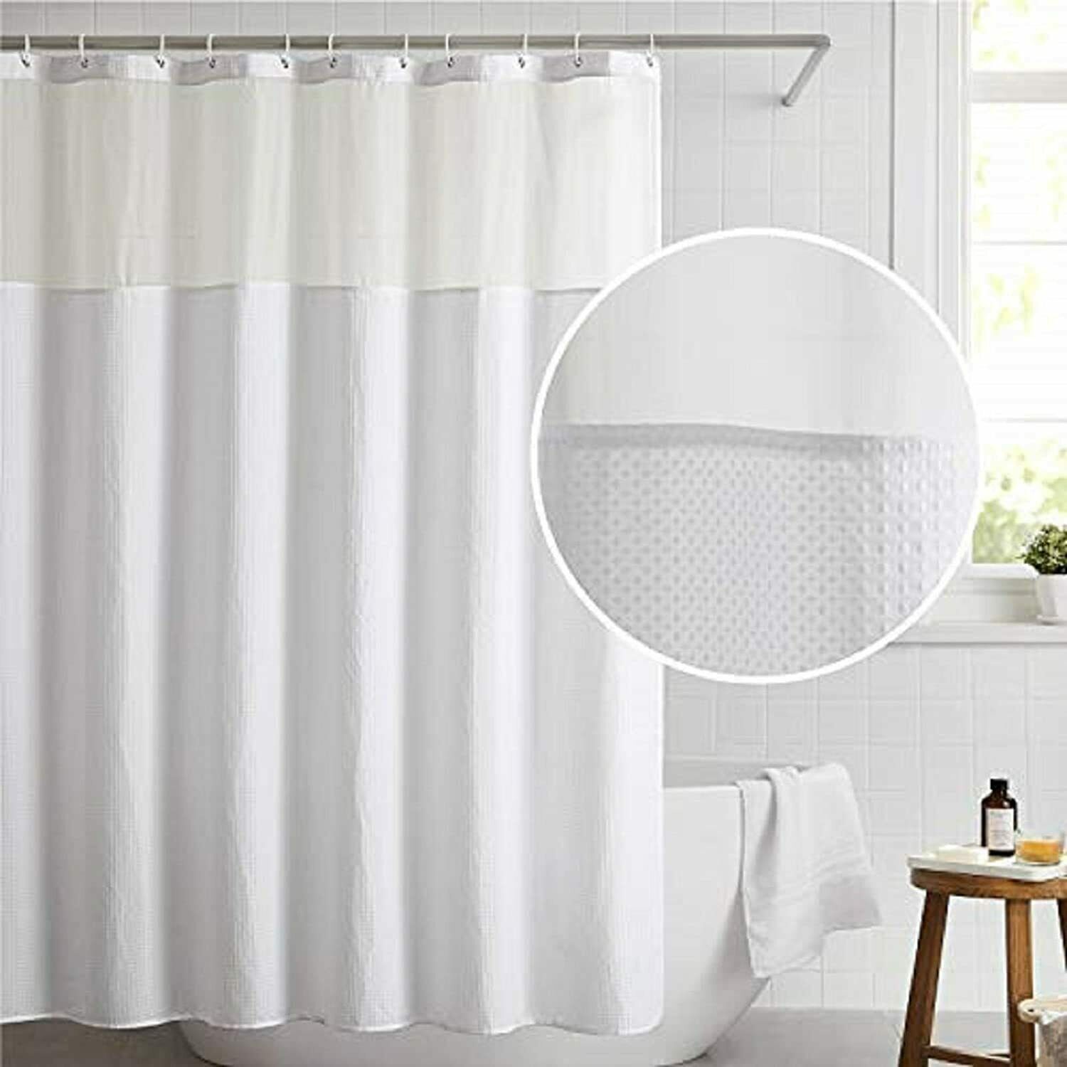 White Waffle Weave Elegant Fabric Shower Curtain with Window Farmhouse ...