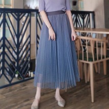 Dusty Blue Pleated Tulle Skirt Plus Size High Waist Pleat Bridesmaid Long Skirt image 2