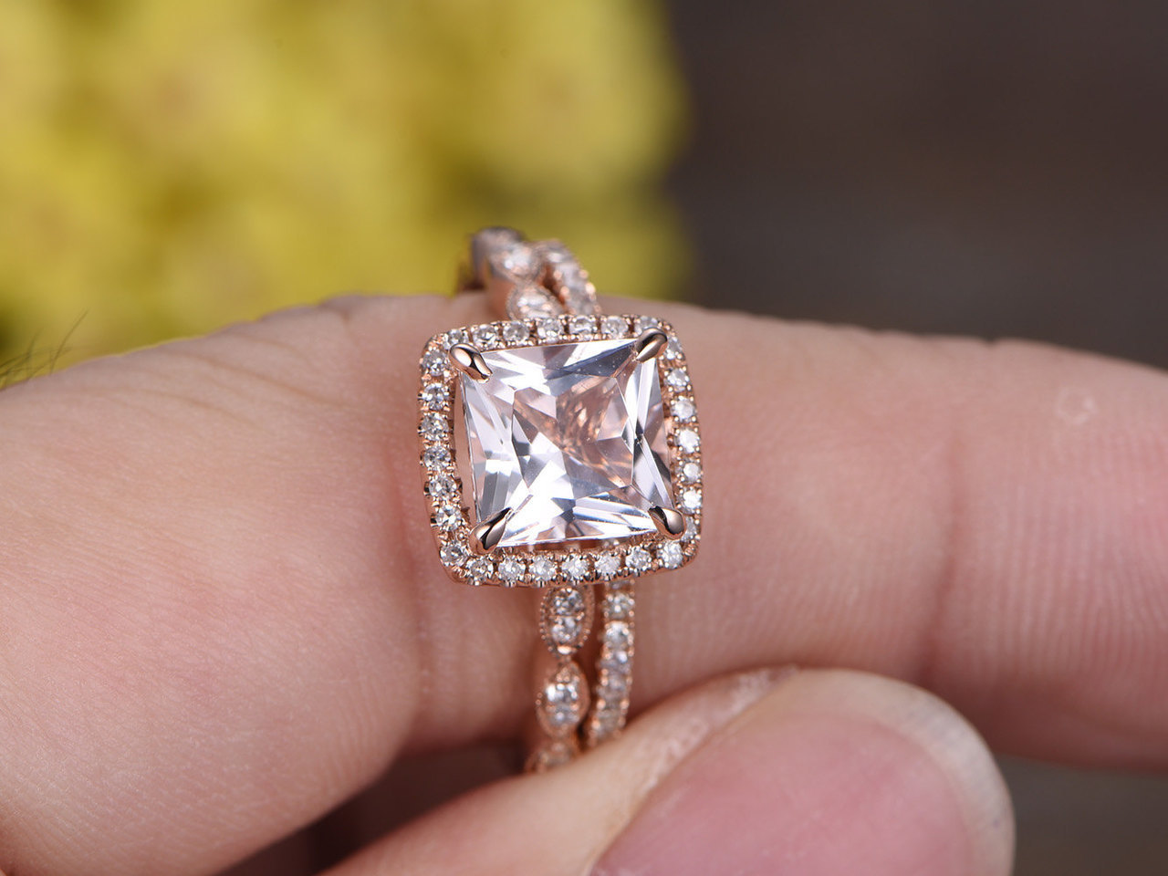 7mm Princess Morganite & Diamond Promise Halo Bridal Ring Set 14K Rose Gold Over