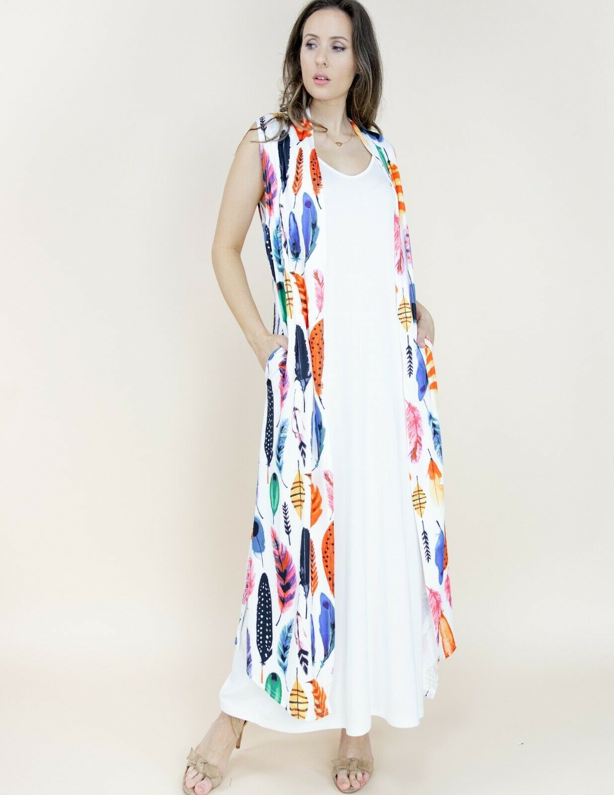 Primary image for Feather Printed Long Vest Multicolor ( One Size Fits Most)