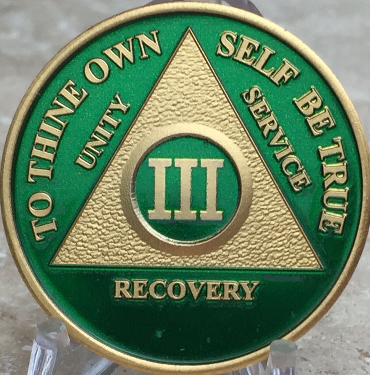 3 Year AA Medallion Green Gold Plated Alcoholics Anonymous Sobriety Chip Coin