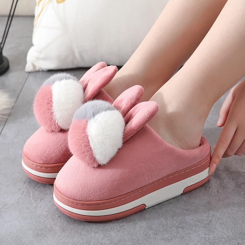 Fashion Women Fluffy Slippers High Heels Winter Warm  Shoes Cute Rabbit Ears Sof