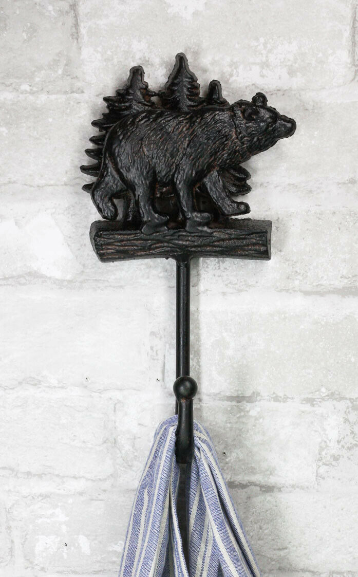 Cast Iron 9"H Rustic Forest Black Bear By Pine Trees Log Forest Wall