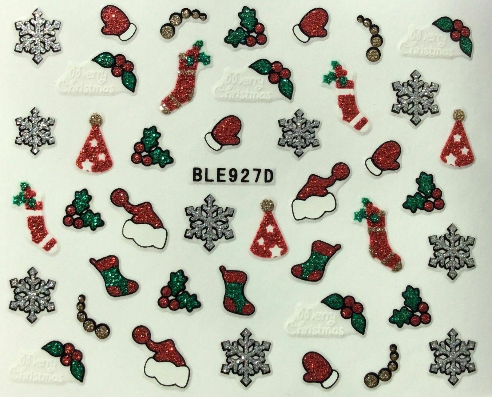 Nail Art 3D Glitter Decal Stickers Christmas Holly Santa Hat Mitten BLE927D