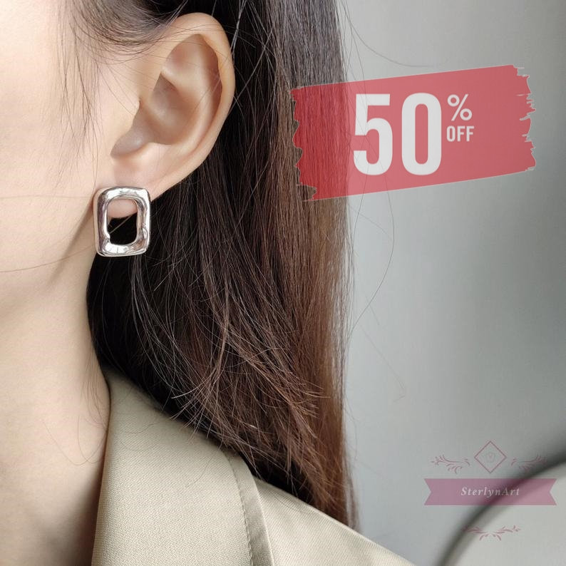 Geometric Design • 925 Sterling Silver • Simple Hollow Stud Earrings for Women •