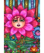 whimsical happy magical flower garden original ink drawing fantasy fairy... - $39.99