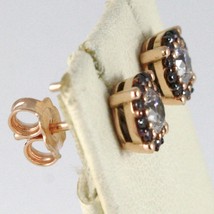 18K ROSE PINK GOLD EARRINGS WITH ZIRCONIA, BROWN AND WHITE, MADE IN ITALY image 2