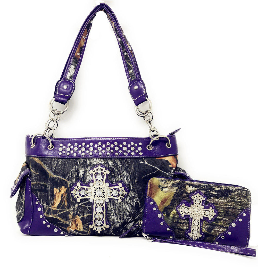Premium Rhinestone Cross Camou Women's Handbag With Matching Wallet in 7 colors