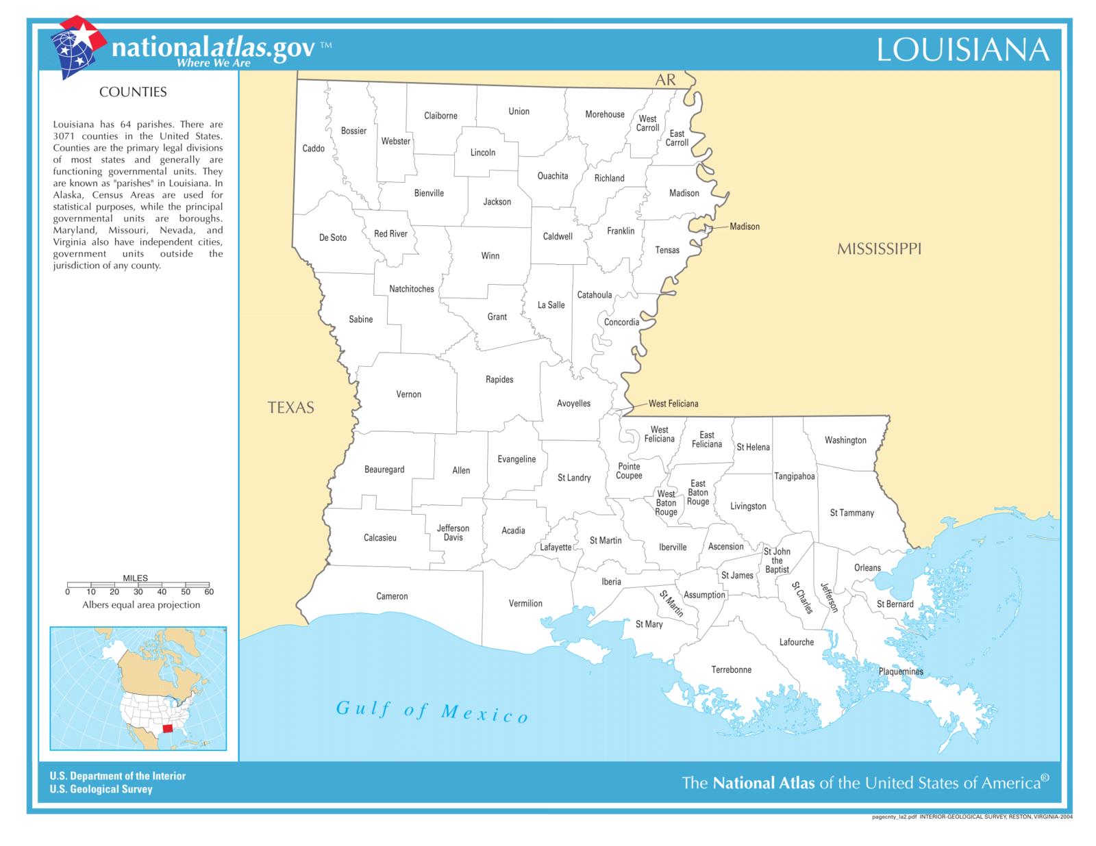 Louisiana State Counties Laminated Wall Map - US