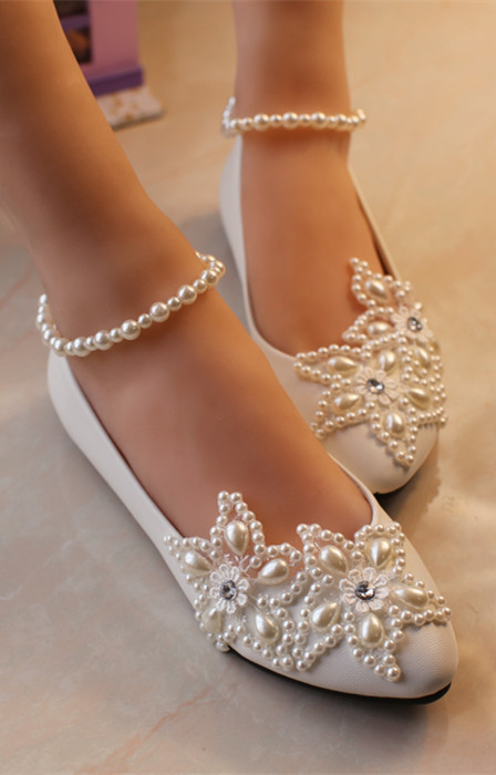 Girls Ivory White Bridal Ballet Flats Shoes,Lace Ankle Straps Bridesmaids Shoes