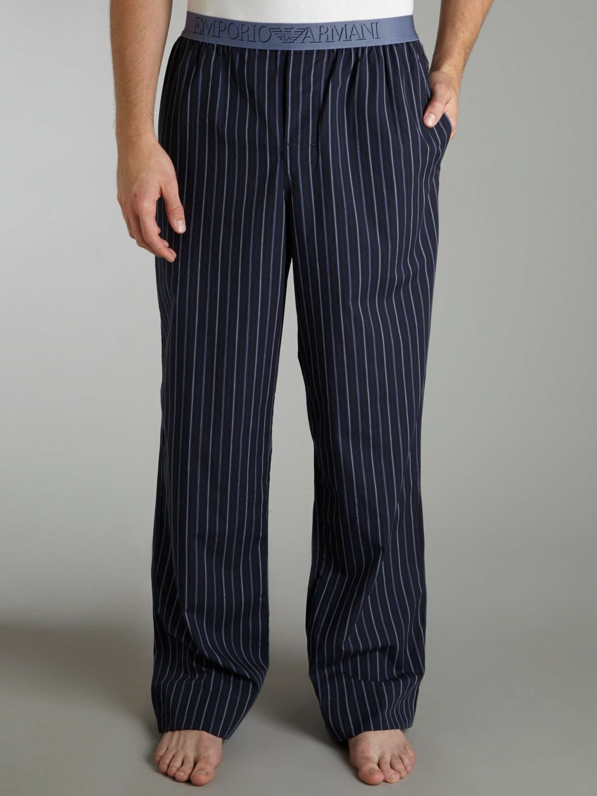 EMPORIO ARMANI Underwear PAJAMA Stripe LOGO BANDED Navy PANTS Cotton S Free Ship - $118.77