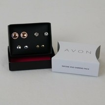 Avon Tritone Stud Pierced Earrings Pack Four (4) Sets Pair Rhinestones Round Box - $9.75