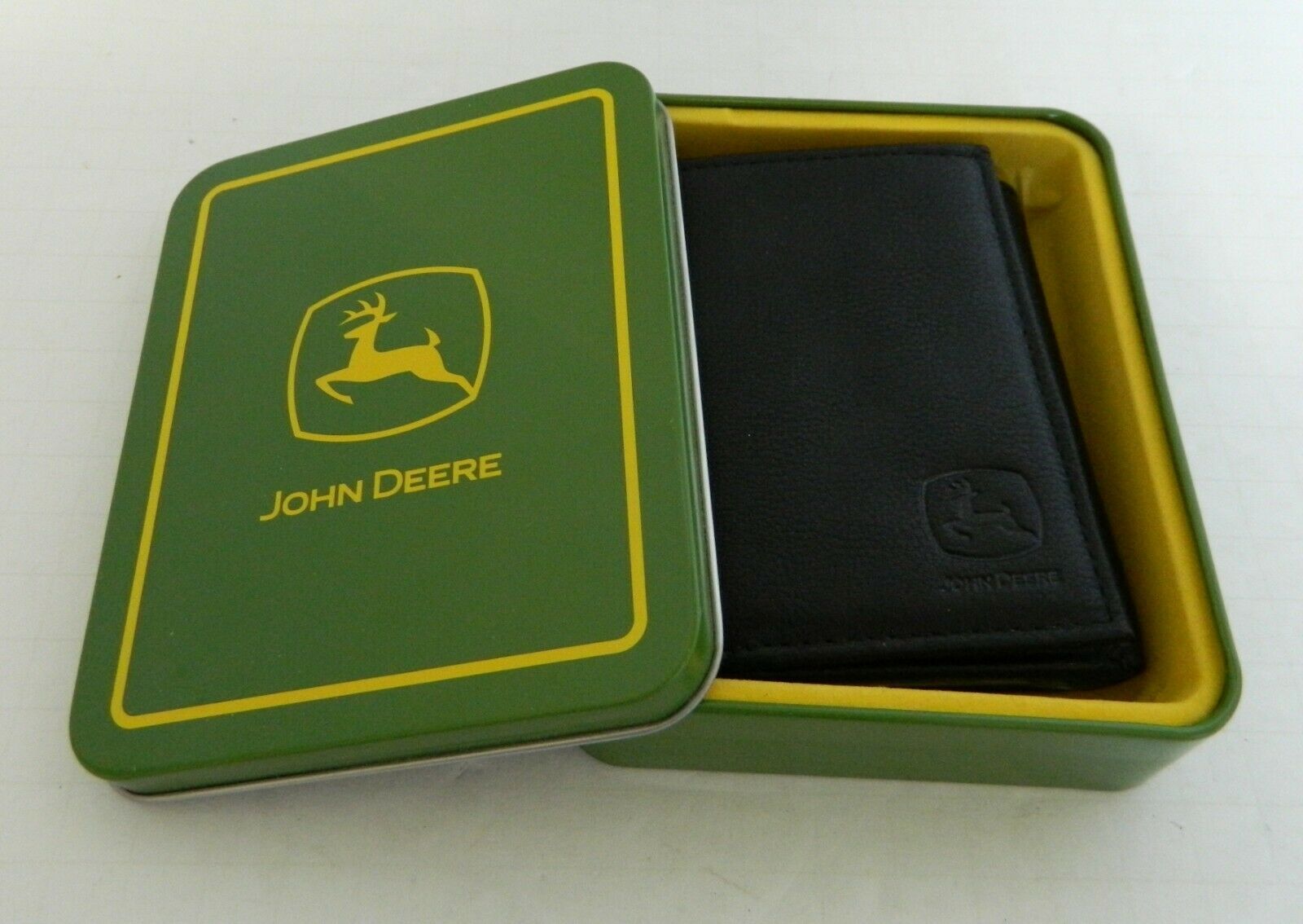 New Leather John Deere Trifold Collector Wallet Black in JD Green Tin
