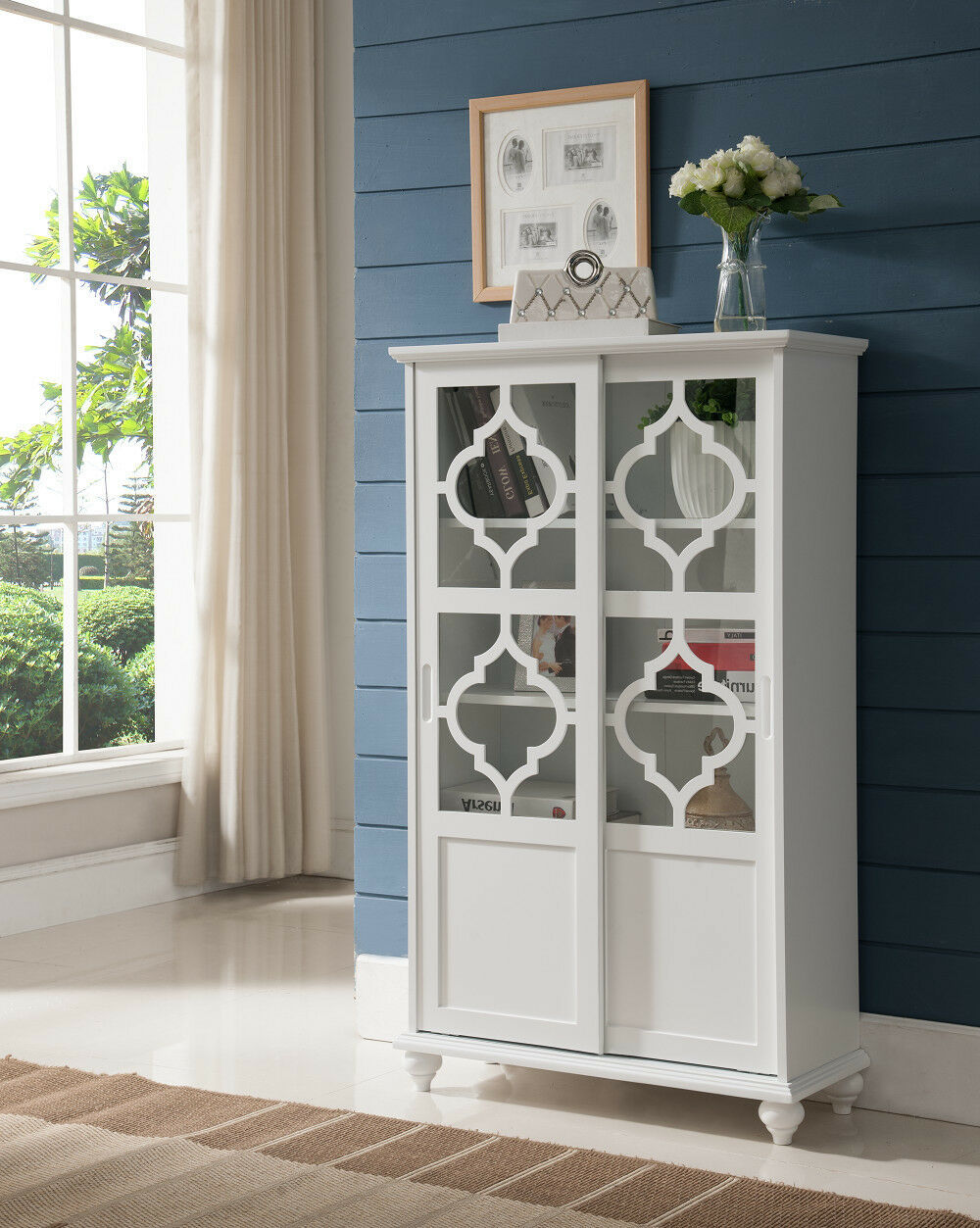 White Barrister Glass Door Bookcase Wood Curio Display Dining
