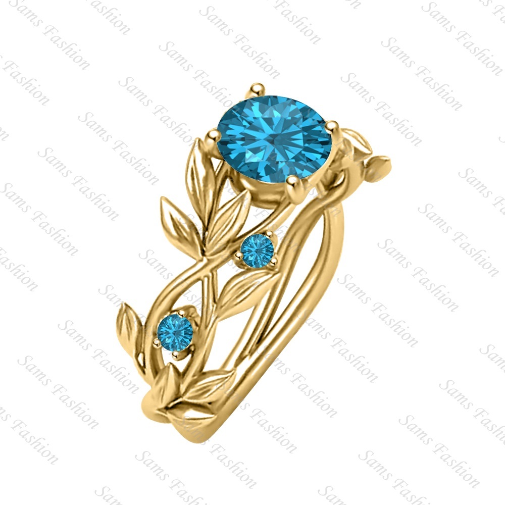 2Ct London Blue Topaz Leaves Round Yellow Gold Over .925 Sterling Silver Womens