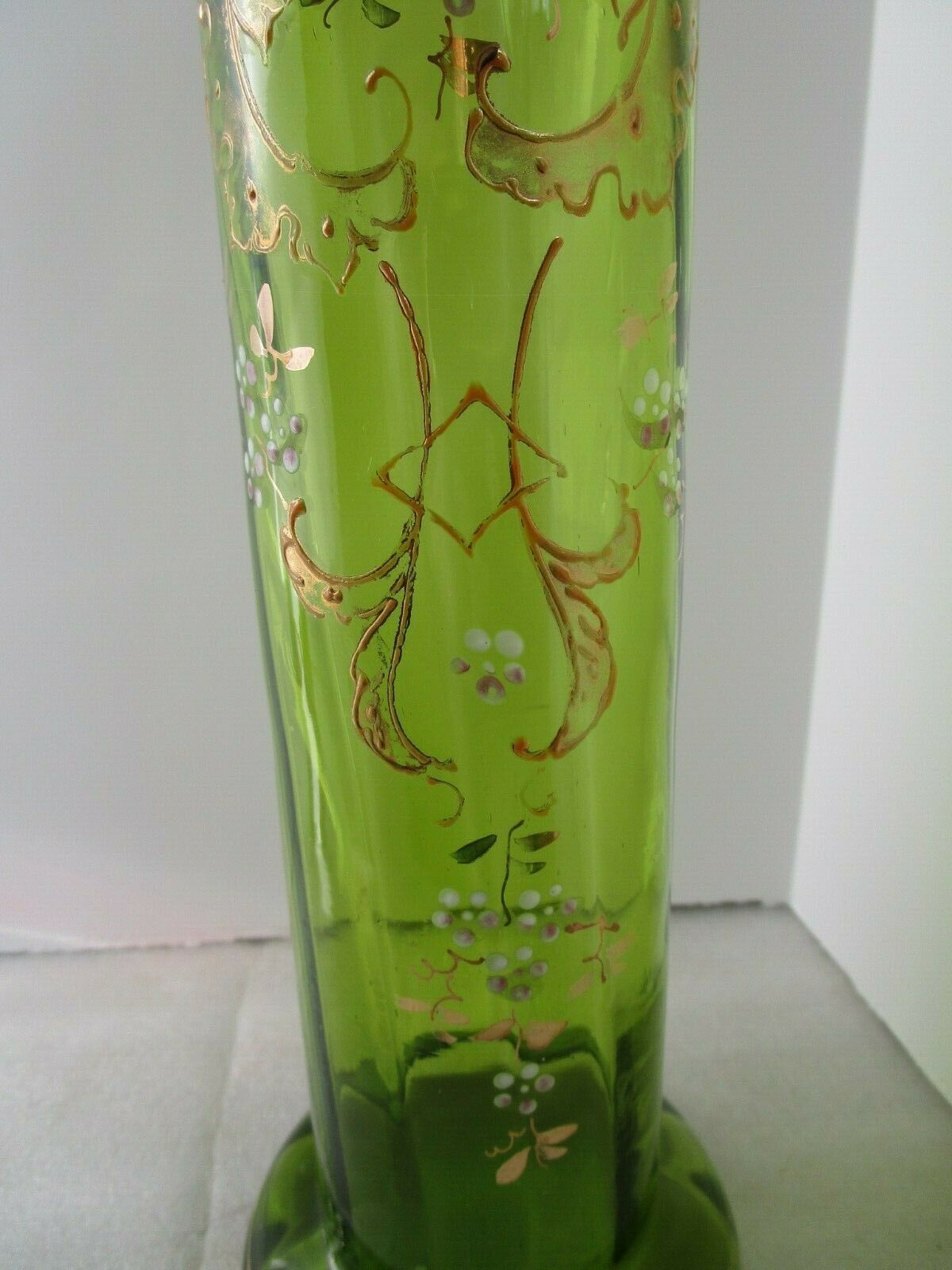 Antique GREEN OPTIC GLASS Tall Cylinder VASE FLORAL LEAF GOLD GILT Enamel 12.75" Vases