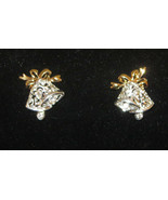 Bell Earrings Christmas Wedding Silver Tone Gold Pierced Crystal Accents New - $9.69