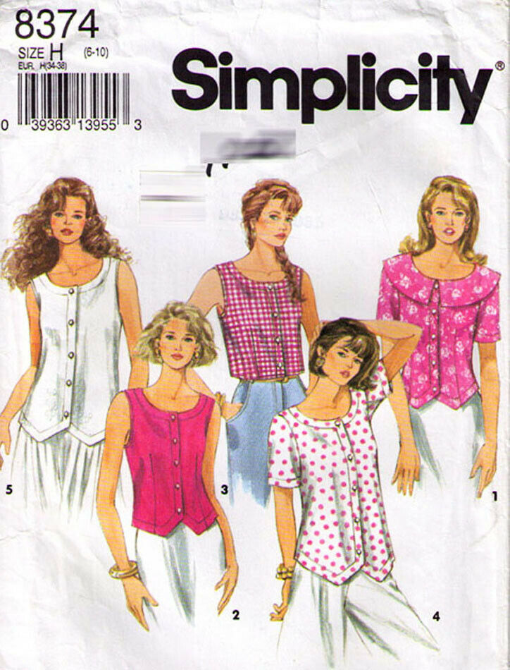 1993 Misses' TOPS / BLOUSES Simplicity Pattern 8374-s Size 6 - 10 ...