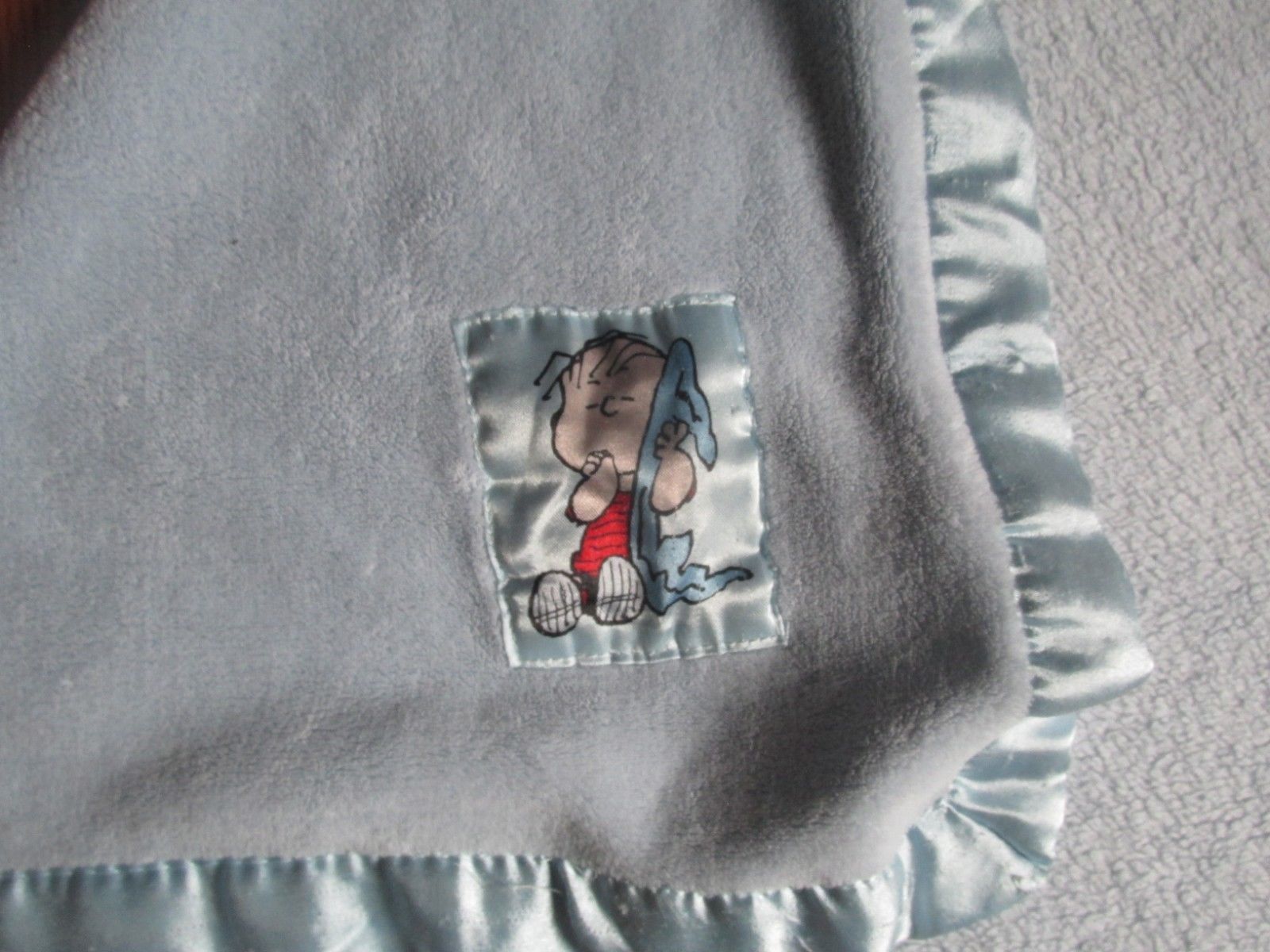 Linus Baby Blanket Peanuts Blue Satin Trim 60X48 Plush Security Thumb
