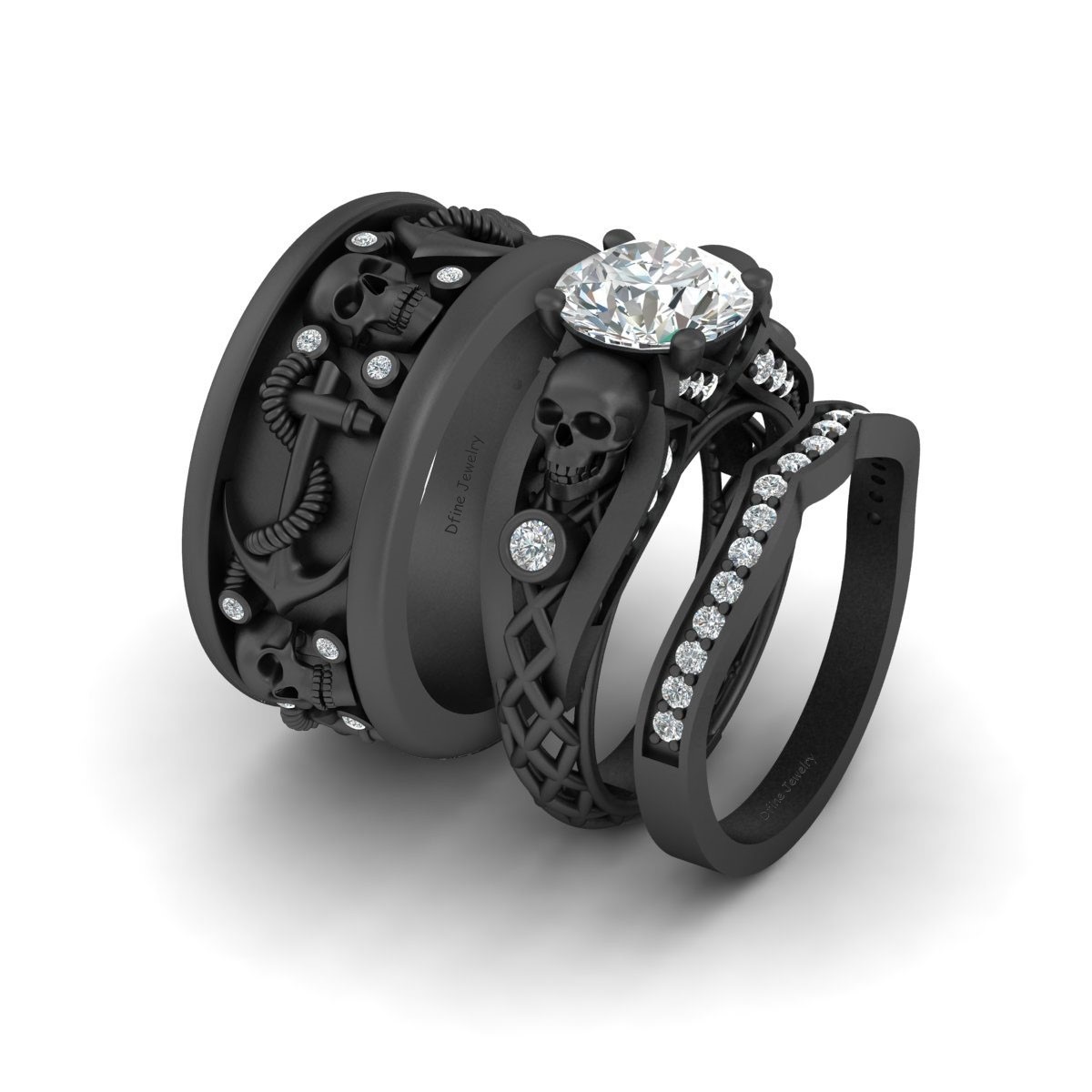 Mesh Design Gothic Skull Engagement Ring Set Matching