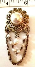 Vintage  VICTORIAN Style Gold Tone with PEARLS LAVALIER BROOCH - $15.99