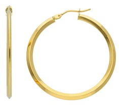18K YELLOW GOLD CIRCLE EARRINGS DIAMETER 30 MM WITH RHOMBUS TUBE, MADE IN ITALY image 1