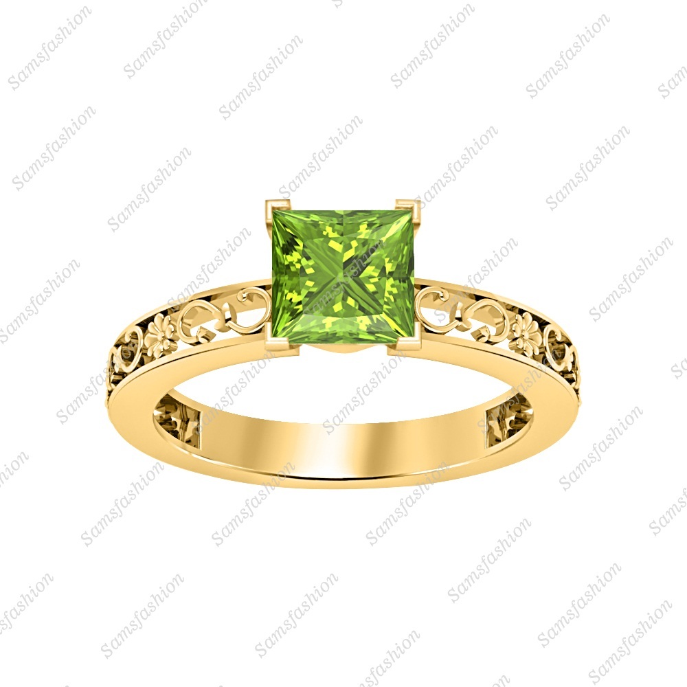 Women's Solitaire Princess Peridot 14k Yellow Gold Over Engagement Wedding Ring