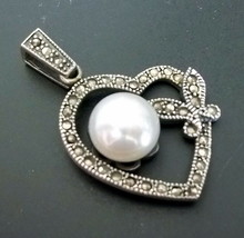 925 Sterling Silver Marcasite White Pearl Heart Pendant 1 1/2"(HALLMARKED In Uk) - $46.54