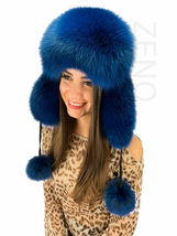 Finn Fox Fur Hat With Suede Trapper Hat Saga Furs Royal Blue Ushanka Hat image 3