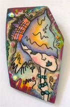 Vintage 80&#39;s Hand Crafted Painted Brooch Pin Woman Colorful Signed D Coy 3&quot; - $29.69